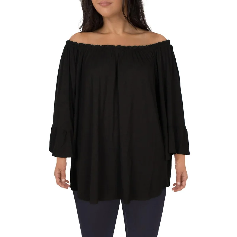 24seven Comfort Apparel Womens Plus Ruffled Bell Sleeves Blouse Delicate Pleat Blouse 24seven Comfort Apparel Womens Plus Ruffled Bell Sleeves Blouse Delicate Pleat Blouse
