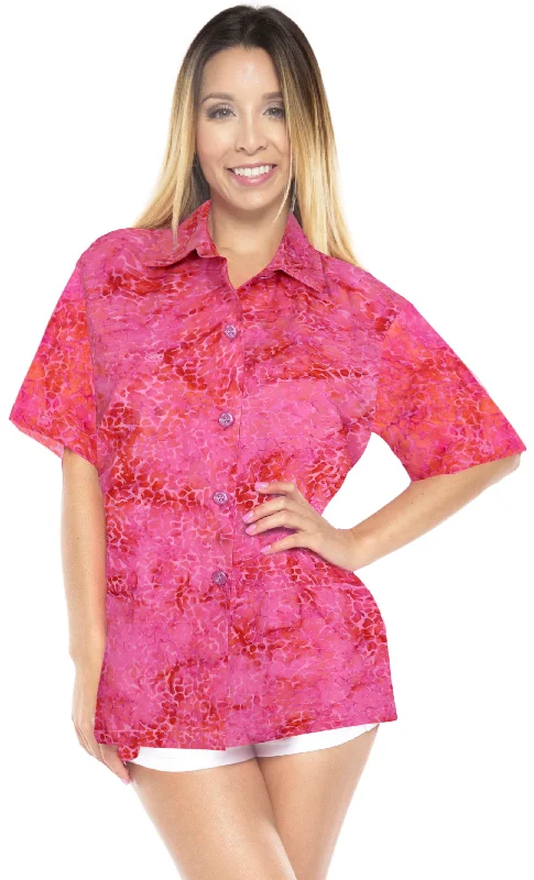 LA LEELA Women's Beach Button Down Short Sleeve Casual hand printed 100% cotton Blouse Pink Smart Business Blouse LA LEELA Women's Beach Button Down Short Sleeve Casual hand printed 100% cotton Blouse Pink Smart Business Blouse