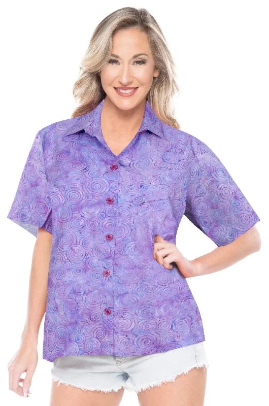 LA LEELA Women's Beach Button Down Short Sleeve Casual 100% cotton hand printed Blouse Purple Ruffled Neck Blouse LA LEELA Women's Beach Button Down Short Sleeve Casual 100% cotton hand printed Blouse Purple Ruffled Neck Blouse