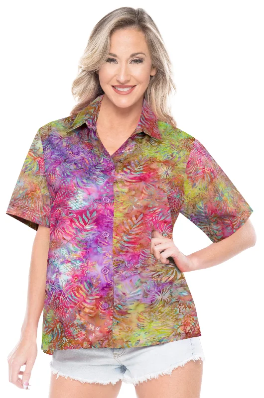 LA LEELA Women's Beach Button Down Short Sleeve Casual Floral leaf hand printed Blouse Pink Delicate Bow Blouse LA LEELA Women's Beach Button Down Short Sleeve Casual Floral leaf hand printed Blouse Pink Delicate Bow Blouse