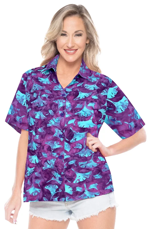LA LEELA Women's Beach Button Down Short Sleeve Casual Floral leaf hand printed Blouse Purple Chic Off-Shoulder Blouse LA LEELA Women's Beach Button Down Short Sleeve Casual Floral leaf hand printed Blouse Purple Chic Off-Shoulder Blouse