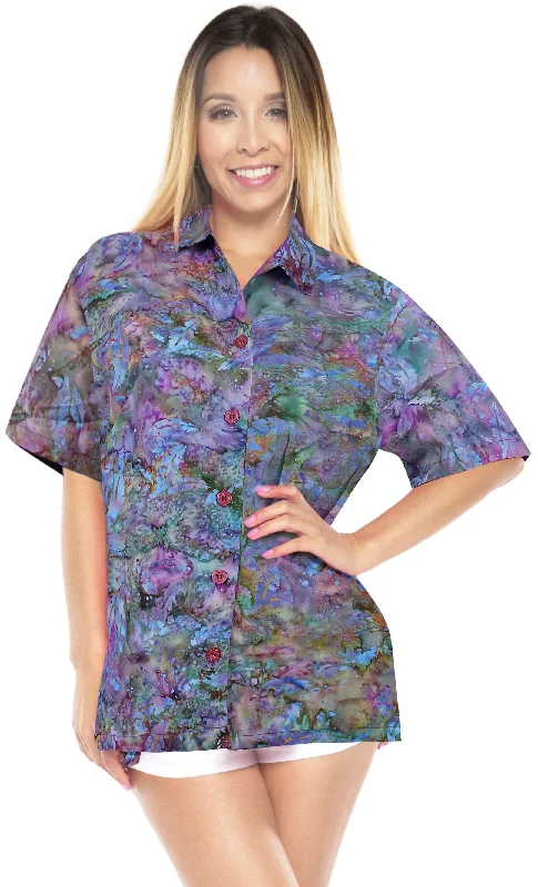 LA LEELA Women's Beach Button Down Short Sleeve Casual leaf hand printed Blouse Turquoise Soft Satin Blouse LA LEELA Women's Beach Button Down Short Sleeve Casual leaf hand printed Blouse Turquoise Soft Satin Blouse