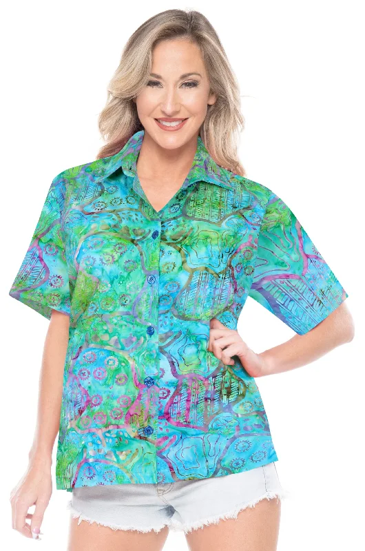LA LEELA Women's Beach Button Down Short Sleeve Casual 100% cotton hand printed Blouse Multicolor Ruched Sleeve Blouse LA LEELA Women's Beach Button Down Short Sleeve Casual 100% cotton hand printed Blouse Multicolor Ruched Sleeve Blouse