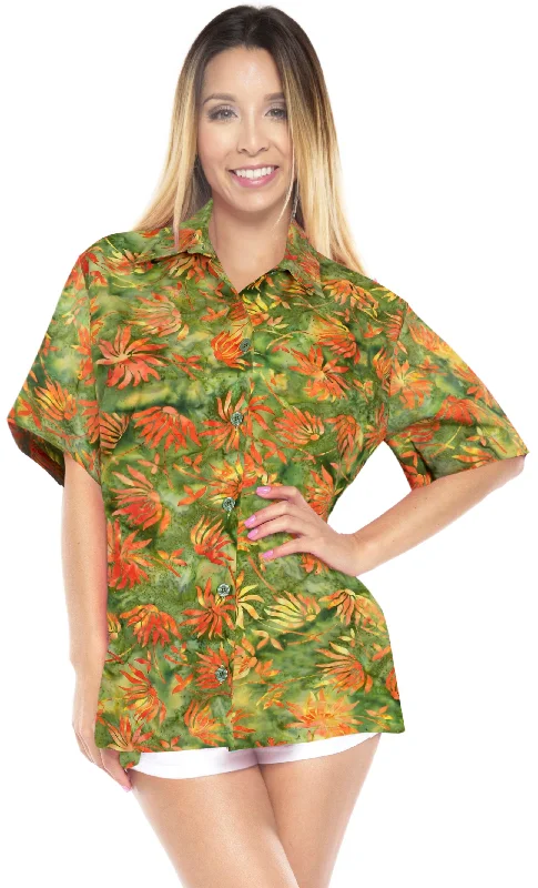 LA LEELA Women's Beach Button Down Short Sleeve Casual Floral hand printed 100% cotton Blouse Green Feminine Ruffle Blouse LA LEELA Women's Beach Button Down Short Sleeve Casual Floral hand printed 100% cotton Blouse Green Feminine Ruffle Blouse
