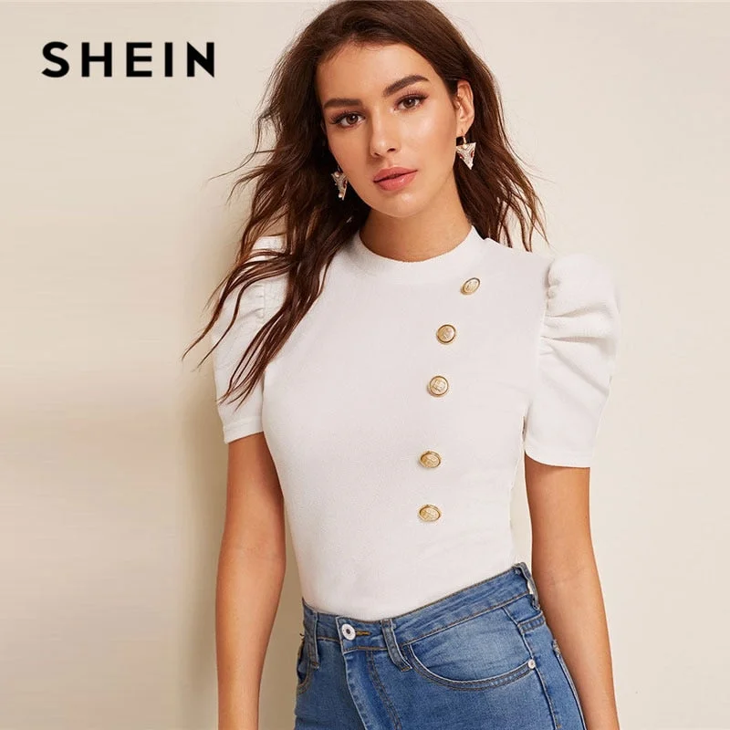 SHEIN Mock-Neck Puff Sleeve Button Front White Blouse Ladies Tops Summer Elegant Slim Fit Solid Short Sleeve Blouse Top Frilled Cuff Blouse SHEIN Mock-Neck Puff Sleeve Button Front White Blouse Ladies Tops Summer Elegant Slim Fit Solid Short Sleeve Blouse Top Frilled Cuff Blouse