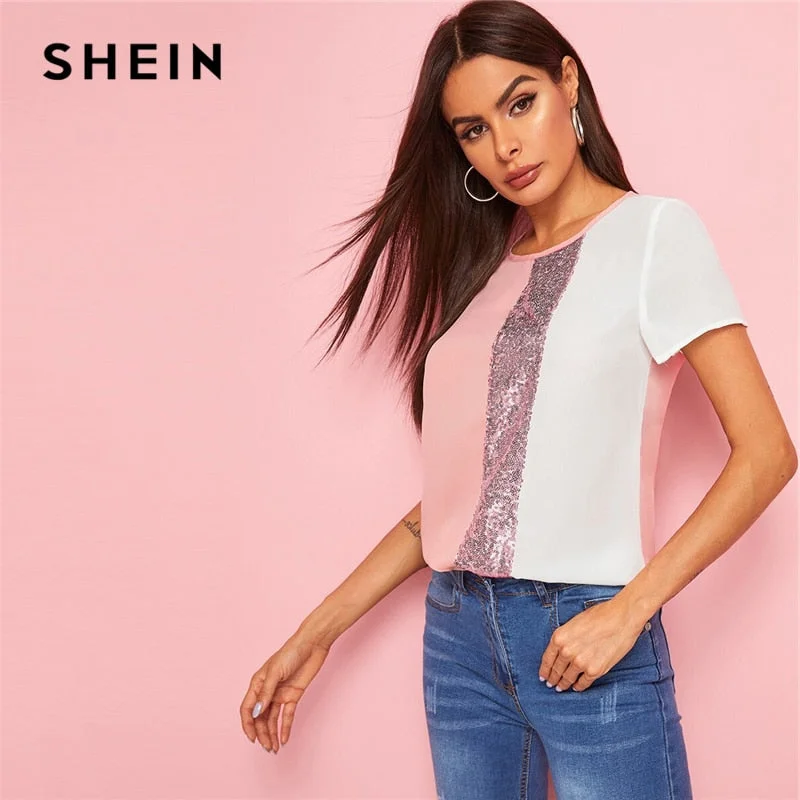 SHEIN Sequins Contrast Panel Spliced Cut-And-Sew Top Womens Tops and Blouses 2019 Casual Colorblock Short Sleeve Summer Blouses Semi-Sheer Blouse SHEIN Sequins Contrast Panel Spliced Cut-And-Sew Top Womens Tops and Blouses 2019 Casual Colorblock Short Sleeve Summer Blouses Semi-Sheer Blouse