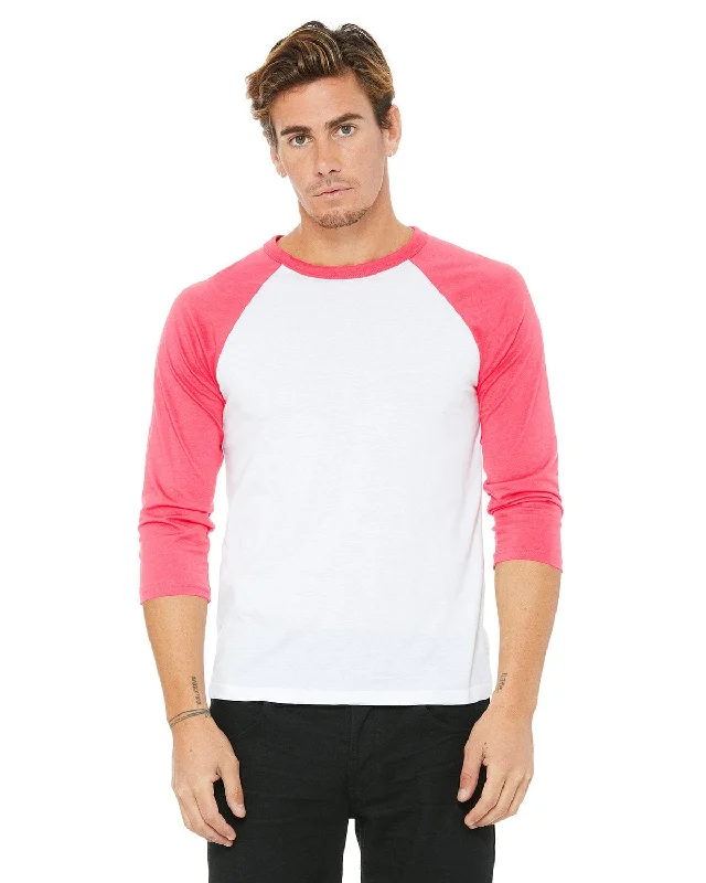 Bella+Canvas Unisex Triblend 3/4-Sleeve Baseball T-Shirt | White/ Neon Pink Fashionable Trendy Casual Bella+Canvas Unisex Triblend 3/4-Sleeve Baseball T-Shirt | White/ Neon Pink Fashionable Trendy Casual