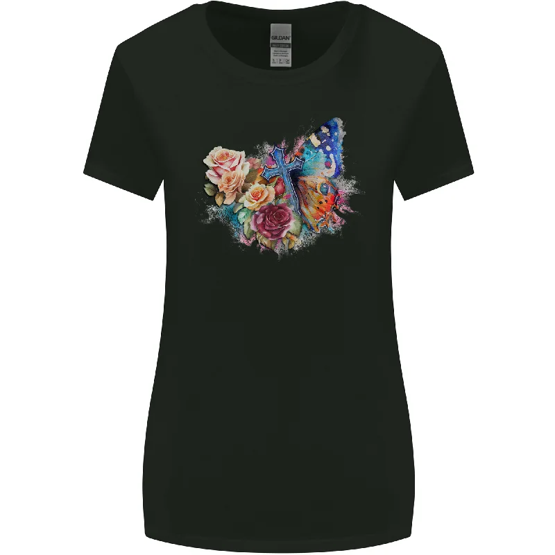 Christian Cross & Butterfly With Flowers Womens Wider Cut T-Shirt Solid Color Striped Floral Christian Cross & Butterfly With Flowers Womens Wider Cut T-Shirt Solid Color Striped Floral