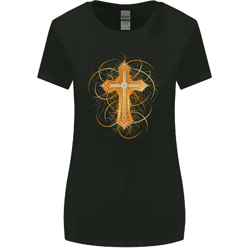 Christian Cross Medieval Fantasy Gothic Womens Wider Cut T-Shirt Elasticated Padded Insulated Christian Cross Medieval Fantasy Gothic Womens Wider Cut T-Shirt Elasticated Padded Insulated