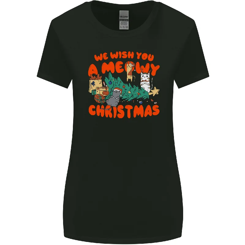 Christmas Cat Meowy Funny Christmas Tree Chaos Womens Wider Cut T-Shirt Denim Fabric Leather Fabric Suede Fabric Christmas Cat Meowy Funny Christmas Tree Chaos Womens Wider Cut T-Shirt Denim Fabric Leather Fabric Suede Fabric