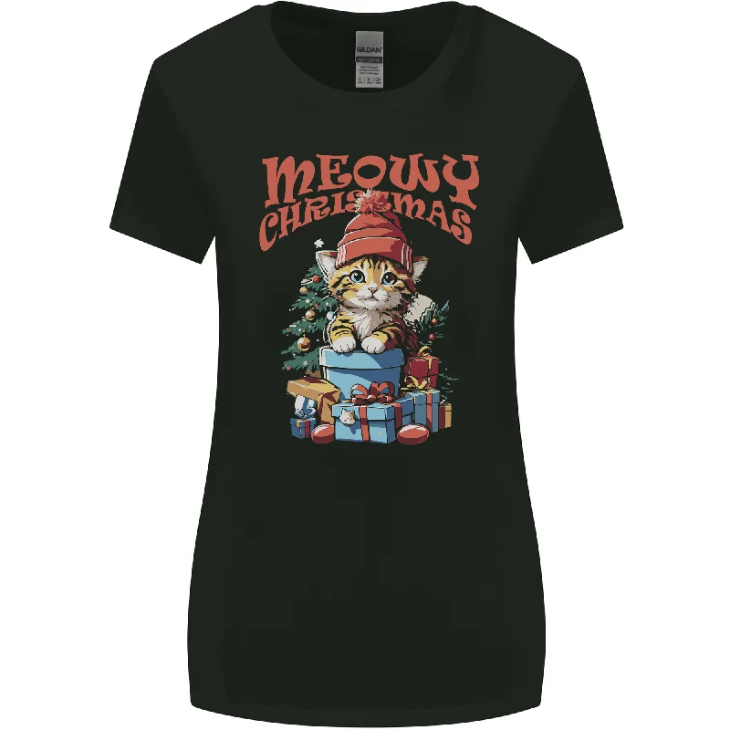 Christmas Cat Meowy Xmas Funny Womens Wider Cut T-Shirt Embroidered Appliqued Beaded Christmas Cat Meowy Xmas Funny Womens Wider Cut T-Shirt Embroidered Appliqued Beaded