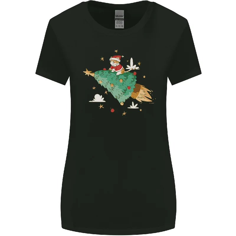 Christmas Cat Space Rocket Xmas Tree Ship Womens Wider Cut T-Shirt Print Jacquard Patchwork Christmas Cat Space Rocket Xmas Tree Ship Womens Wider Cut T-Shirt Print Jacquard Patchwork