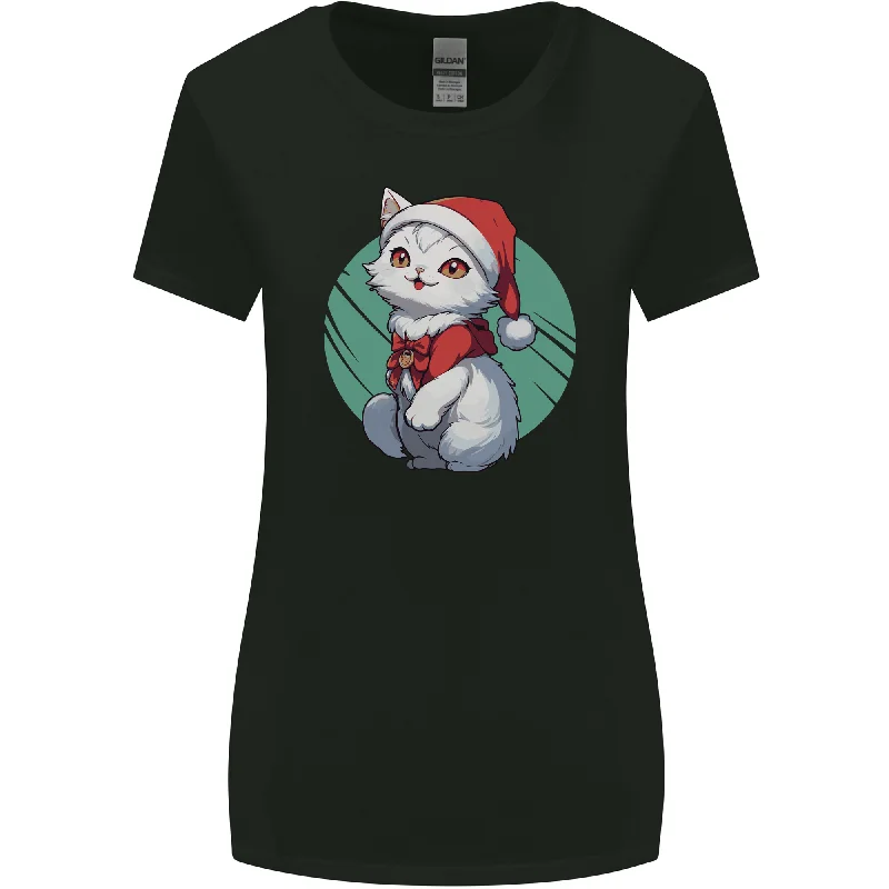 Christmas Cat With Green Background Womens Wider Cut T-Shirt Zippered Buttoned Snapped Christmas Cat With Green Background Womens Wider Cut T-Shirt Zippered Buttoned Snapped