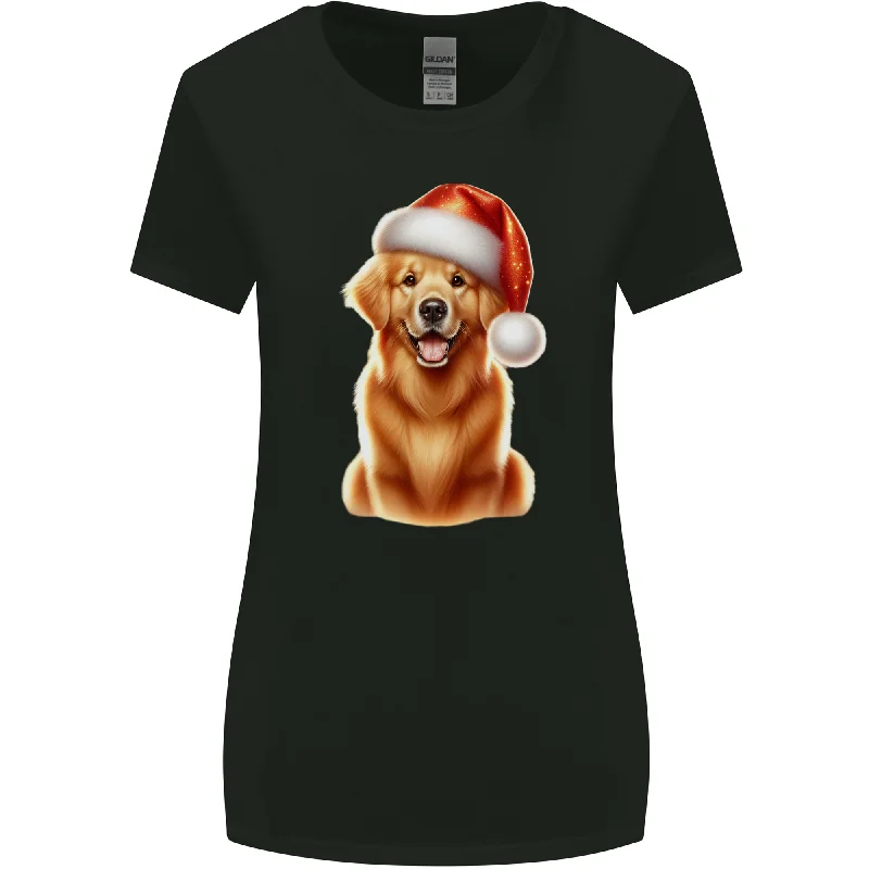 Christmas Golden Retriever Dog Xmas Hat Womens Wider Cut T-Shirt Hooded Caped Shawl Collar Christmas Golden Retriever Dog Xmas Hat Womens Wider Cut T-Shirt Hooded Caped Shawl Collar