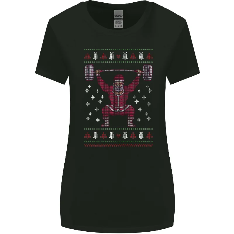 Christmas Gym Weightlifting Xmas Bodybuilding Womens Wider Cut T-Shirt Beaded Sequined Faux Fur Christmas Gym Weightlifting Xmas Bodybuilding Womens Wider Cut T-Shirt Beaded Sequined Faux Fur