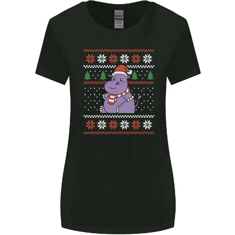 Christmas HIppo Xmas Hippopotamus Womens Wider Cut T-Shirt Notch Collar Peter Pan Collar Cowl Neck Christmas HIppo Xmas Hippopotamus Womens Wider Cut T-Shirt Notch Collar Peter Pan Collar Cowl Neck