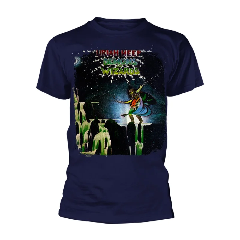 Uriah Heep Unisex T-shirt: Demons And Wizards (Navy) Notch Collar Peter Pan Collar Cowl Neck Uriah Heep Unisex T-shirt: Demons And Wizards (Navy) Notch Collar Peter Pan Collar Cowl Neck