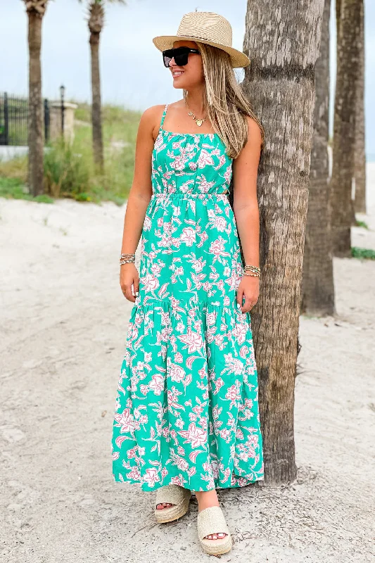 Z Supply: Dewi Pacific Floral Maxi Dress - Bermuda Green Trendy Short Sleeve Maxi Dress Z Supply: Dewi Pacific Floral Maxi Dress - Bermuda Green Trendy Short Sleeve Maxi Dress