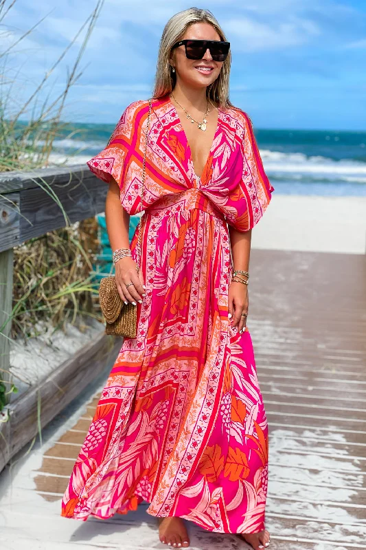 Dreaming of Paradise Tropical Print Empire Waist Maxi Dress - Orange/Fuchsia Casual Maxi Dress with Pockets Dreaming of Paradise Tropical Print Empire Waist Maxi Dress - Orange/Fuchsia Casual Maxi Dress with Pockets