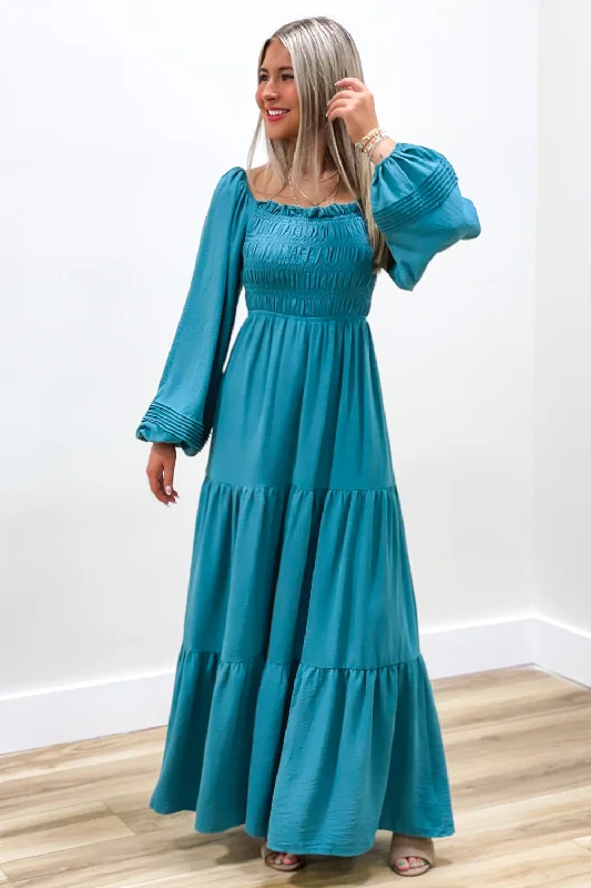 Always Blessed Smocked Tiered Maxi Dress - Dusty Blue Stylish Maxi Dress with Frills Always Blessed Smocked Tiered Maxi Dress - Dusty Blue Stylish Maxi Dress with Frills