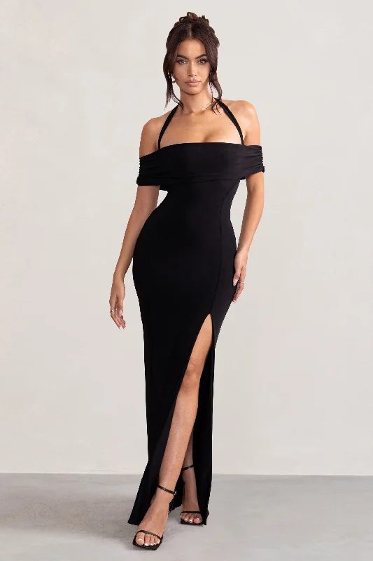 Anisa | Black Halter Neck Bardot Maxi Dress With Thigh Split Fashionable Button-Down Maxi Dress Anisa | Black Halter Neck Bardot Maxi Dress With Thigh Split Fashionable Button-Down Maxi Dress