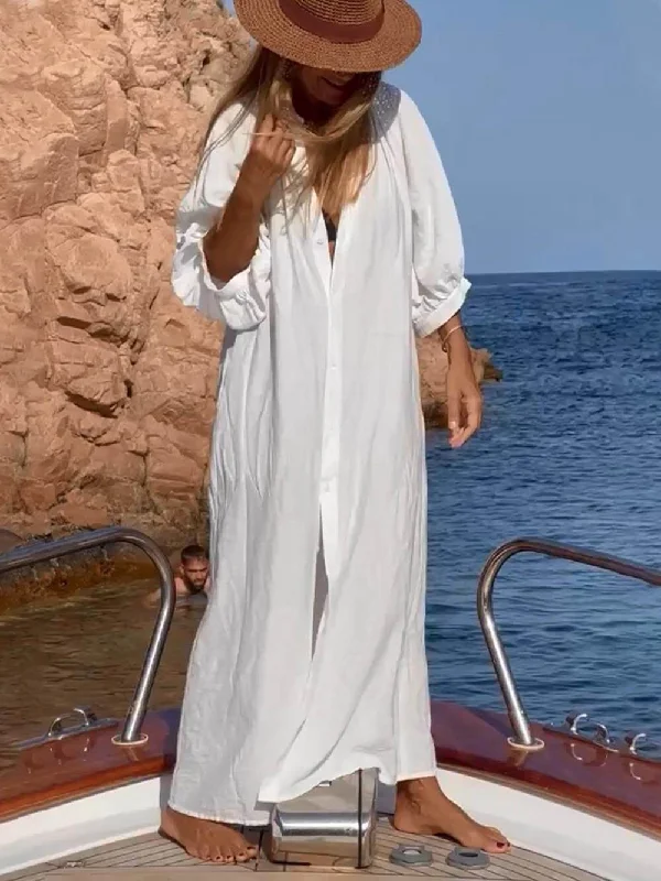 Balloon Sleeve Button Pocketed Graceful Loose Shirt Maxi Dress Stylish Maxi Dress with Frills Balloon Sleeve Button Pocketed Graceful Loose Shirt Maxi Dress Stylish Maxi Dress with Frills