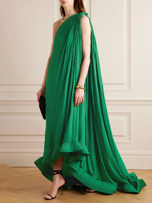 Zjkrl - Sleeveless Loose Pleated Falbala Solid Color One-Shoulder Maxi Dresses Trendy Maxi Dress with Bow Zjkrl - Sleeveless Loose Pleated Falbala Solid Color One-Shoulder Maxi Dresses Trendy Maxi Dress with Bow