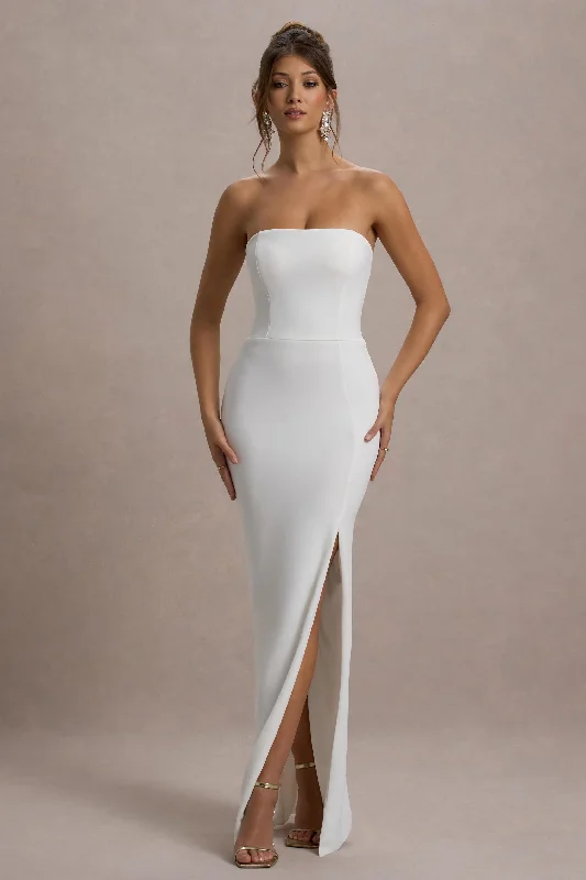 Belle of The Ball | White Bandeau Maxi Dress With Split Hem Comfortable Fitted Maxi Dress Belle of The Ball | White Bandeau Maxi Dress With Split Hem Comfortable Fitted Maxi Dress