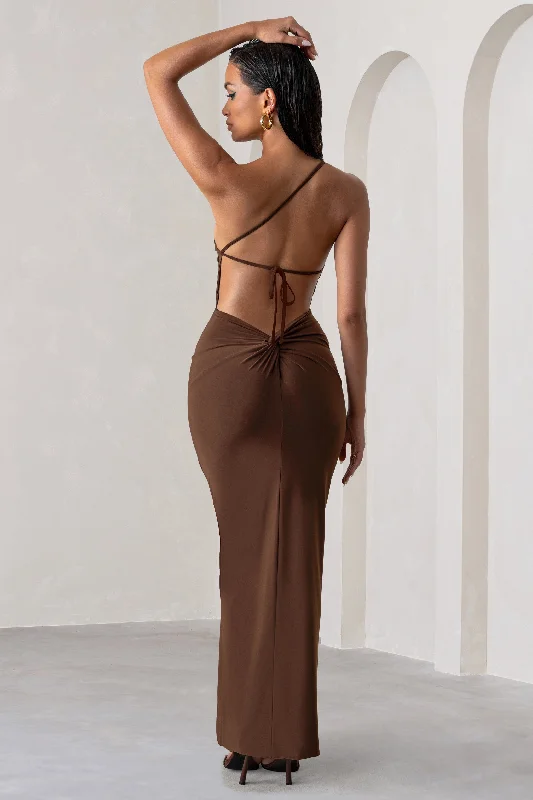 Dressing Up | Chocolate Brown One Shoulder Maxi Dress With Open Back Detail Cozy Ribbed Maxi Dress Dressing Up | Chocolate Brown One Shoulder Maxi Dress With Open Back Detail Cozy Ribbed Maxi Dress