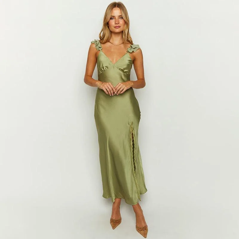 Elegant V-Neck Sleeveless Ruffle Maxi Dress with Backless Design Trendy Satin Maxi Dress Elegant V-Neck Sleeveless Ruffle Maxi Dress with Backless Design Trendy Satin Maxi Dress