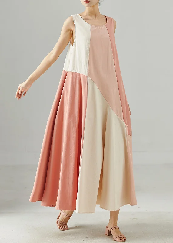 Fine Pink Oversized Patchwork Cotton Maxi Dress Summer Casual Maxi Dress with Pockets Fine Pink Oversized Patchwork Cotton Maxi Dress Summer Casual Maxi Dress with Pockets