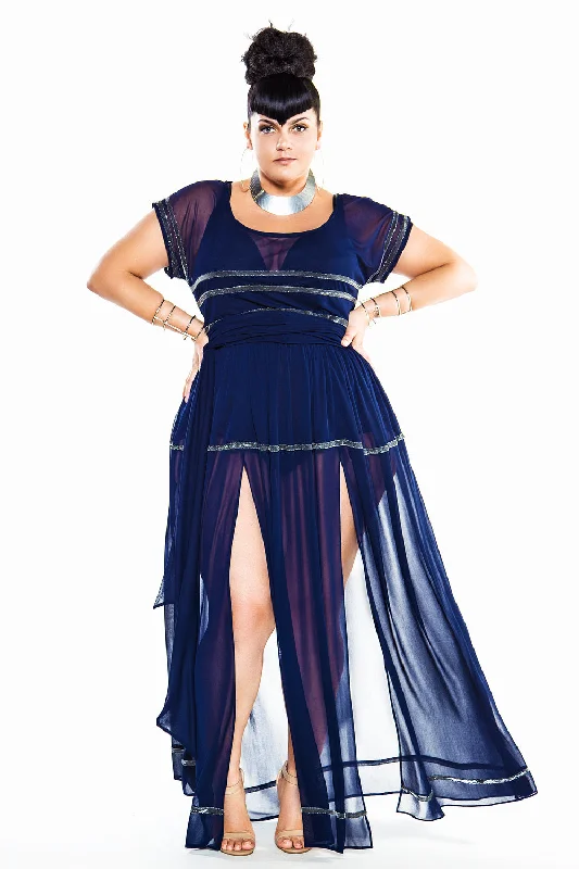 Navy & Silver Cap Sleeved Sheer Poolside Maxi Dress- JIBRI Fashionable Off-Shoulder Maxi Dress Navy & Silver Cap Sleeved Sheer Poolside Maxi Dress- JIBRI Fashionable Off-Shoulder Maxi Dress