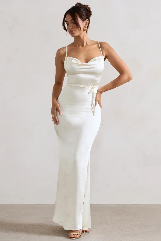 Lifetime | Ivory Satin Cowl Neck Maxi Dress With Cross Back Detail Trendy A-Line Maxi Dress Lifetime | Ivory Satin Cowl Neck Maxi Dress With Cross Back Detail Trendy A-Line Maxi Dress