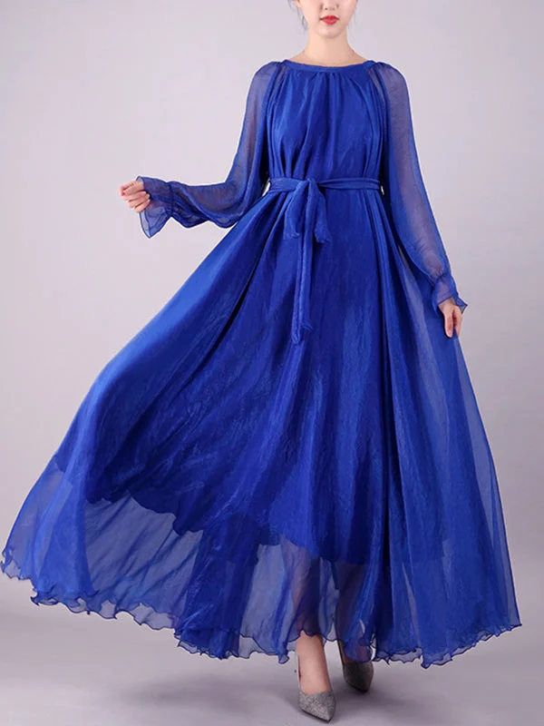 Zjkrl - Long Sleeves Loose Falbala Gauze Pleated Solid Color Tied Waist Round-Neck Maxi Dresses Stylish A-Line Maxi Dress Zjkrl - Long Sleeves Loose Falbala Gauze Pleated Solid Color Tied Waist Round-Neck Maxi Dresses Stylish A-Line Maxi Dress