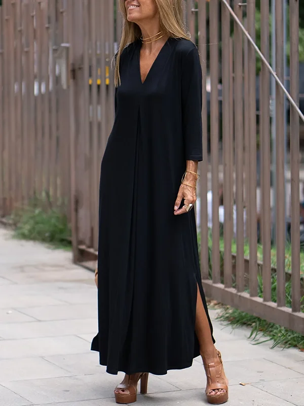 Zjkrl - Long Sleeves Loose Solid Color Split-Side V-Neck Maxi Dresses Stylish Empire Waist Maxi Dress Zjkrl - Long Sleeves Loose Solid Color Split-Side V-Neck Maxi Dresses Stylish Empire Waist Maxi Dress
