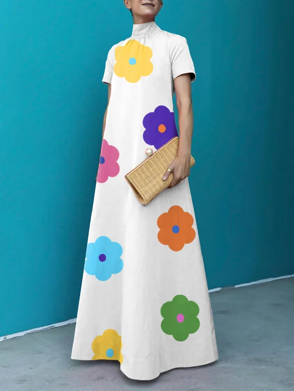Zjkrl - Loose Short Sleeves Floral Printed High-Neck Maxi Dresses Comfortable Maxi Dress with Sleeves Zjkrl - Loose Short Sleeves Floral Printed High-Neck Maxi Dresses Comfortable Maxi Dress with Sleeves