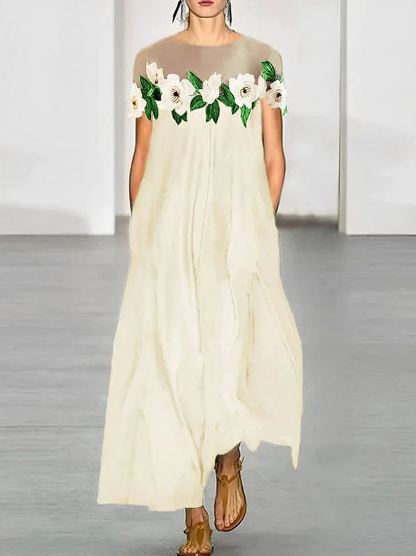 Zjkrl - Loose Short Sleeves Flower-Embellished Split-Joint Round-Neck Maxi Dresses Trendy Short Sleeve Maxi Dress Zjkrl - Loose Short Sleeves Flower-Embellished Split-Joint Round-Neck Maxi Dresses Trendy Short Sleeve Maxi Dress