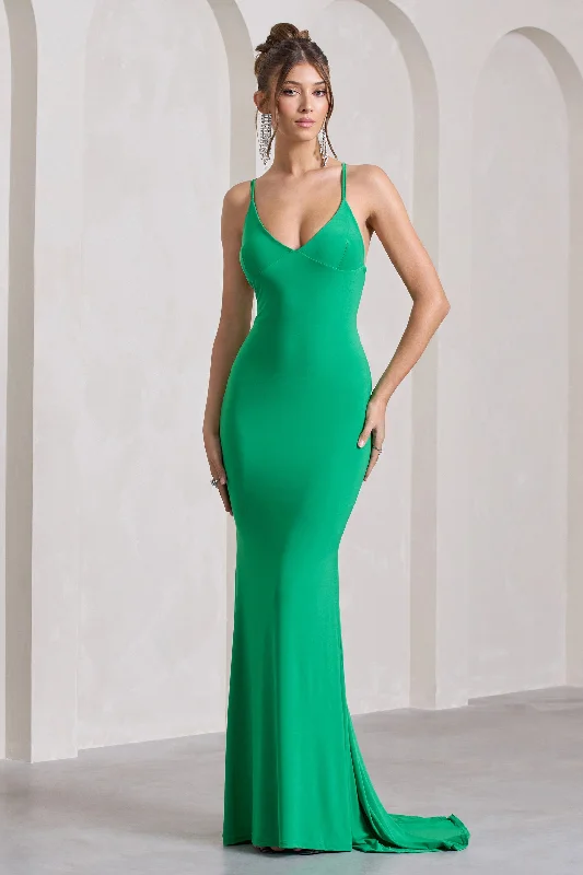 Lucky Number | Green Cross Back Fishtail Maxi Dress Comfortable Maxi Dress with Sleeves Lucky Number | Green Cross Back Fishtail Maxi Dress Comfortable Maxi Dress with Sleeves