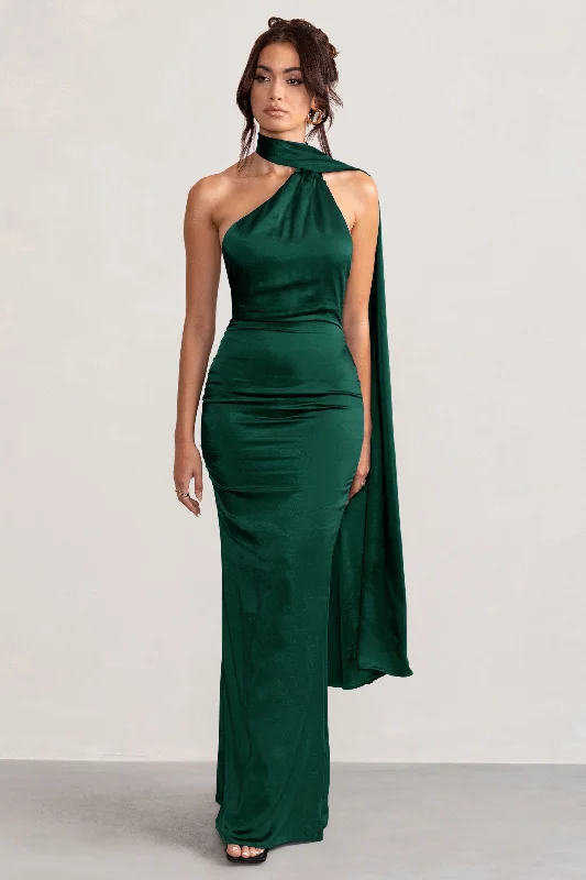 Mademoiselle | Bottle Green Satin Asymmetric Scarf Neck Backless Maxi Dress Stylish Off-Shoulder Maxi Dress Mademoiselle | Bottle Green Satin Asymmetric Scarf Neck Backless Maxi Dress Stylish Off-Shoulder Maxi Dress