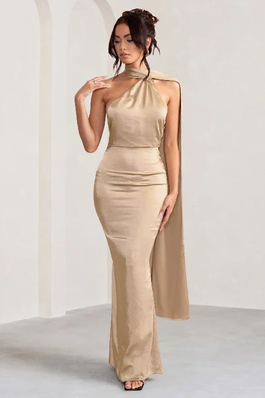 Mademoiselle | Champagne Satin Asymmetric Scarf Neck Backless Maxi Dress Comfortable Flowy Maxi Dress Mademoiselle | Champagne Satin Asymmetric Scarf Neck Backless Maxi Dress Comfortable Flowy Maxi Dress