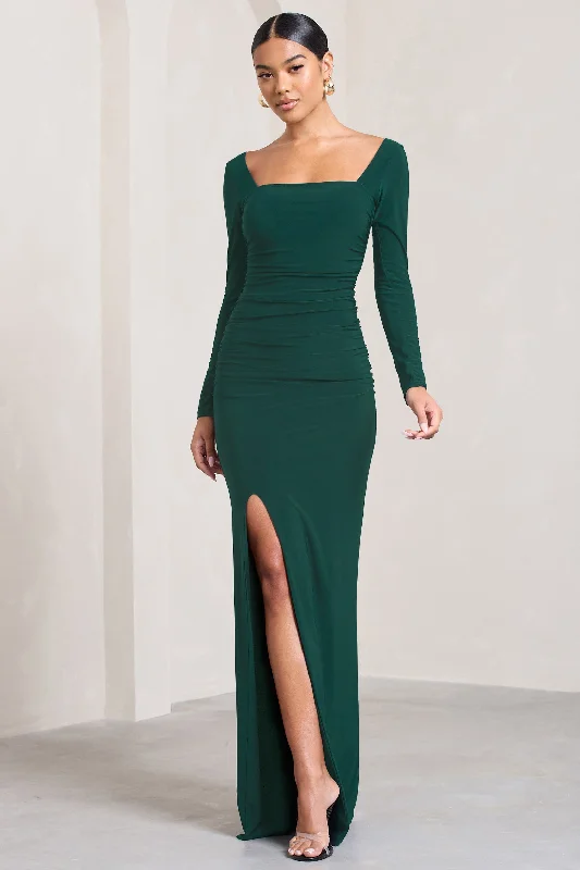 My Pleasure | Bottle Green Square Neck Ruched Maxi Dress Fashionable High-Low Maxi Dress My Pleasure | Bottle Green Square Neck Ruched Maxi Dress Fashionable High-Low Maxi Dress