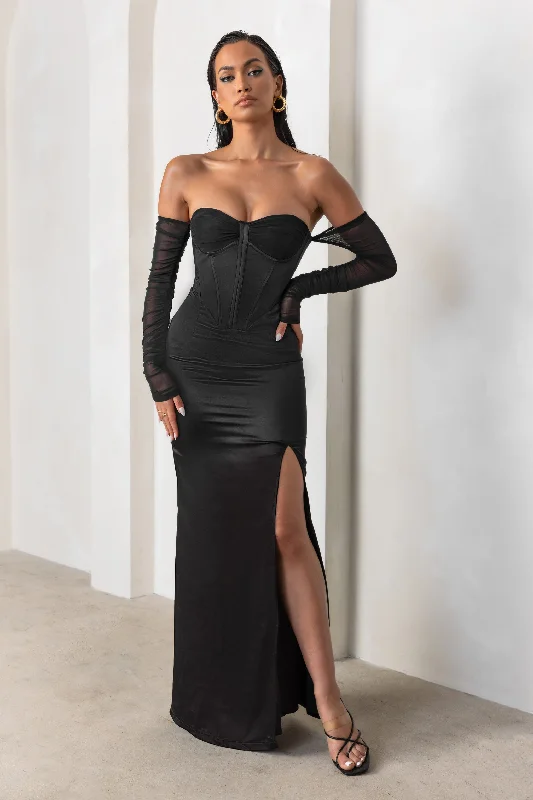 My Prize | Black Satin Bardot Mesh Long Sleeve Maxi Dress With Thigh Split Fashionable Button-Down Maxi Dress My Prize | Black Satin Bardot Mesh Long Sleeve Maxi Dress With Thigh Split Fashionable Button-Down Maxi Dress