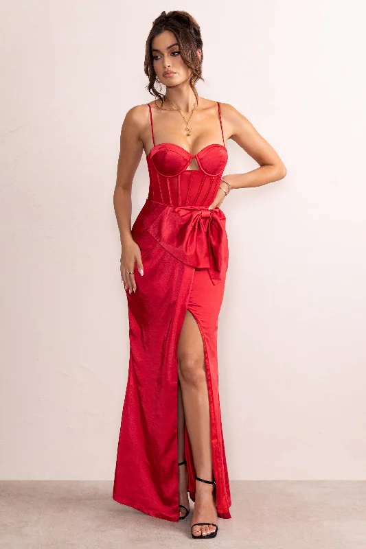 Odette | Red Satin Sweetheart Corset Bow Detail Maxi Dress Trendy Floral Print Maxi Dress Odette | Red Satin Sweetheart Corset Bow Detail Maxi Dress Trendy Floral Print Maxi Dress