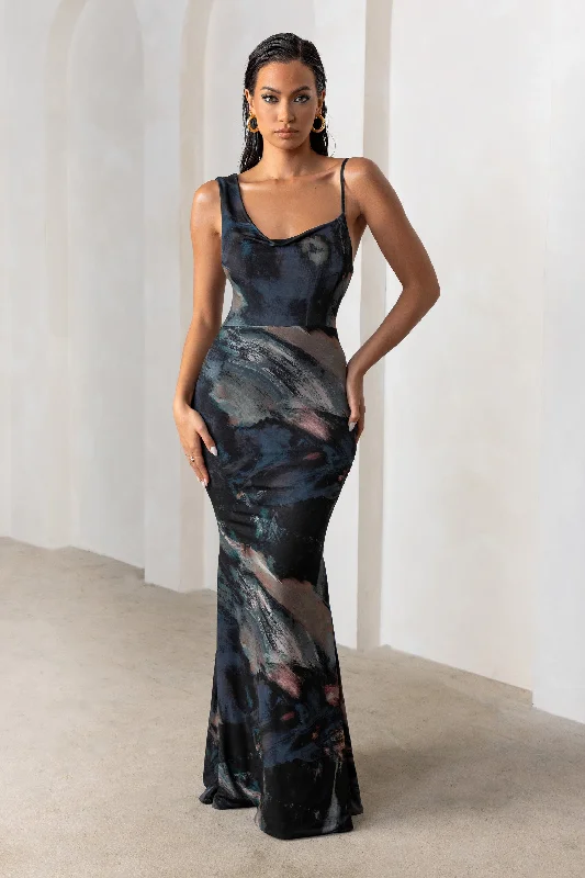 Phantasy | Black Abstract Print Asymmetric Neckline Cowl Maxi Dress Elegant Maxi Dress with Pockets Phantasy | Black Abstract Print Asymmetric Neckline Cowl Maxi Dress Elegant Maxi Dress with Pockets