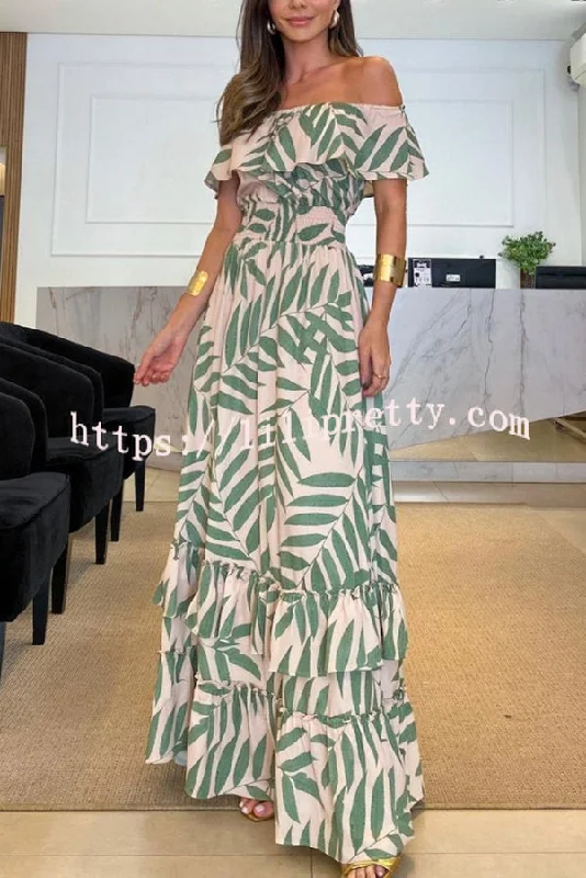 Lilipretty Plant Smiles Printed Off Shoulder Elastic Waist Maxi Dress Trendy Floral Print Maxi Dress Lilipretty Plant Smiles Printed Off Shoulder Elastic Waist Maxi Dress Trendy Floral Print Maxi Dress