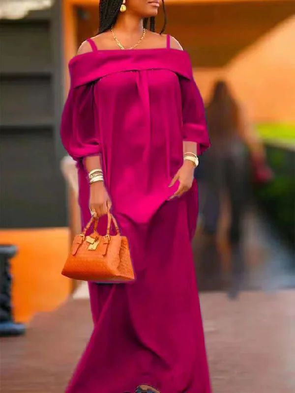 Zjkrl - Simple Loose Puff Sleeves Solid Color Off-The-Shoulder Maxi Dresses Stylish Empire Waist Maxi Dress Zjkrl - Simple Loose Puff Sleeves Solid Color Off-The-Shoulder Maxi Dresses Stylish Empire Waist Maxi Dress
