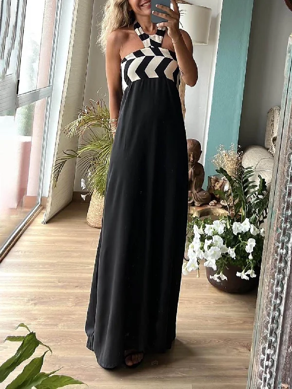 Unique Striped Print Charming Loose Halterneck Maxi Dress Comfortable T-Shirt Maxi Dress Unique Striped Print Charming Loose Halterneck Maxi Dress Comfortable T-Shirt Maxi Dress