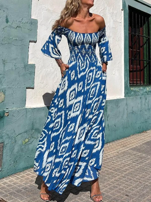 Vacation Ethnic Print Smocked Graceful Off Shoulder Pocketed Maxi Dress Comfortable Cotton Maxi Dress Vacation Ethnic Print Smocked Graceful Off Shoulder Pocketed Maxi Dress Comfortable Cotton Maxi Dress