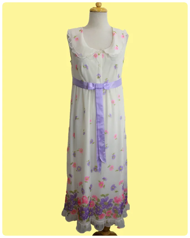 Vintage 1960s/70s White Chiffon with Lilac and Pink Floral Print Maxi Dress, Med Cozy Knit Maxi Dress Vintage 1960s/70s White Chiffon with Lilac and Pink Floral Print Maxi Dress, Med Cozy Knit Maxi Dress