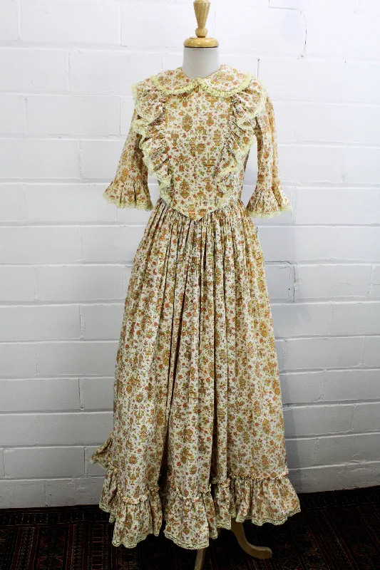 Vintage 1960s Floral Prairie Maxi Dress with Peter Pan Collar, Small Classic Black Maxi Dress Vintage 1960s Floral Prairie Maxi Dress with Peter Pan Collar, Small Classic Black Maxi Dress